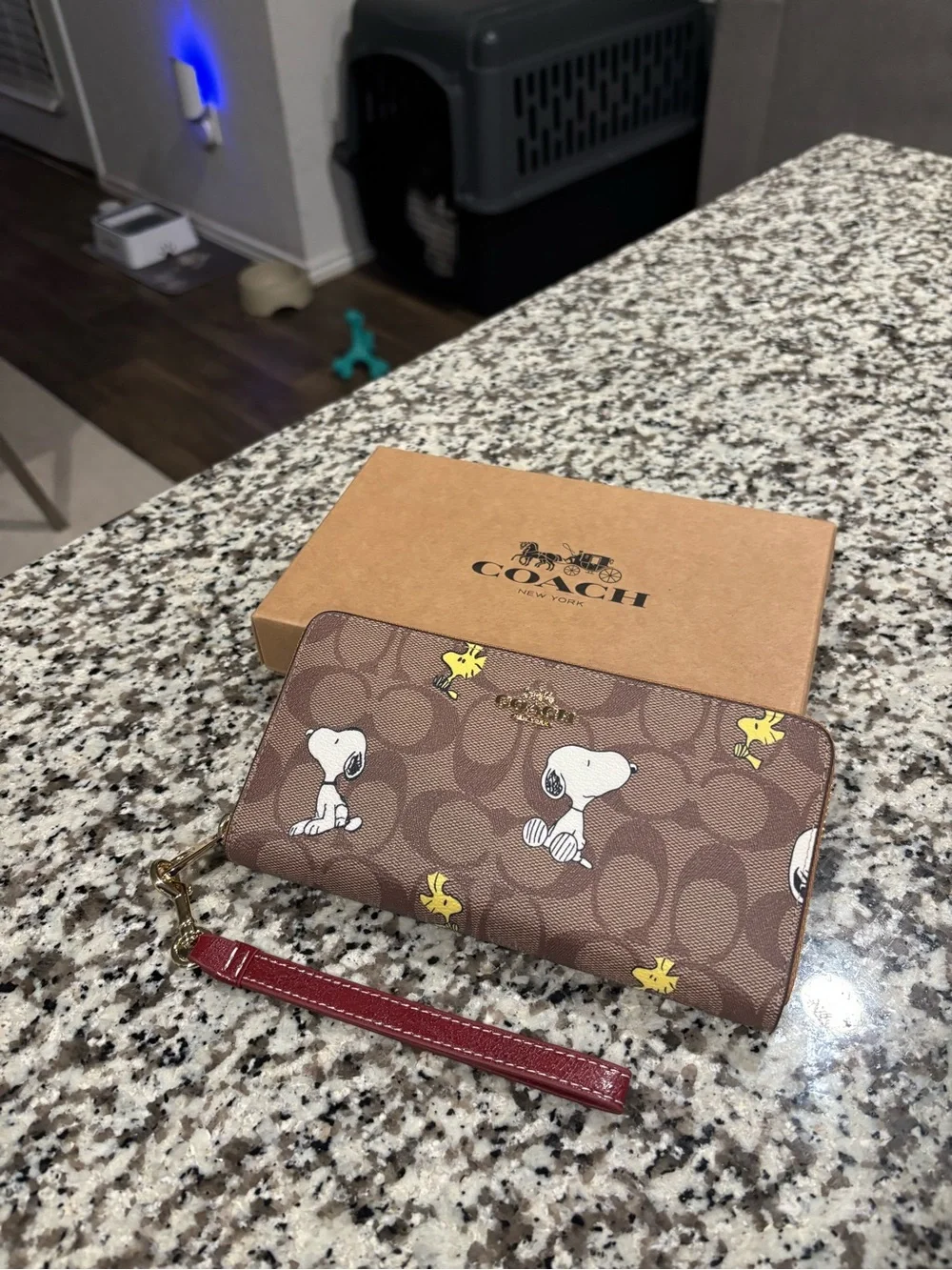 Coach Brown Signature Snoopy Zip Wallet with Red Wristlet